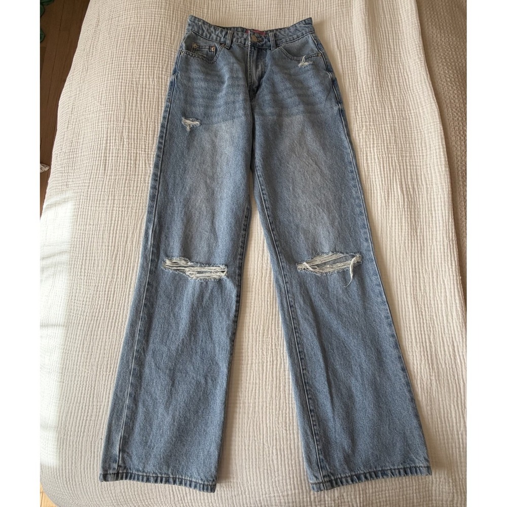 Edikted High Rise Wide Leg Distressed Jeans Light Denim Sz 4/5 Baggy Y2K Skater